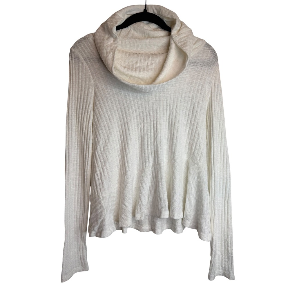Maeve Anthropologie Womens Small White Ribbed Cowl Neck Peplum Long Sleeve Top